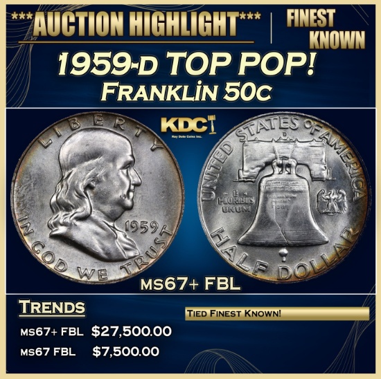 1959-d Franklin Half Dollar TOP POP! 50c ms67+ FBL USCG