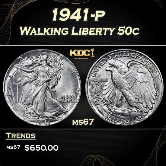 1941-p Walking Liberty Half Dollar 50c ms67 SEGS