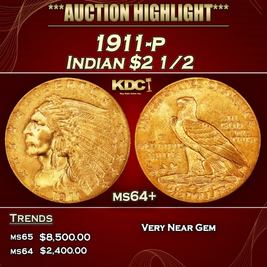 1911-p Gold Indian Quarter Eagle $2 1/2 ms64+ SEGS