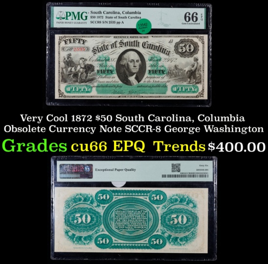 Very Cool 1872 $50 South Carolina, Columbia Obsolete Currency Note SCCR-8 George Washington cu66 EPQ