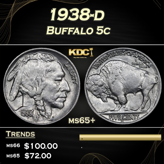 1938-d Buffalo Nickel 5c Grades ms65+