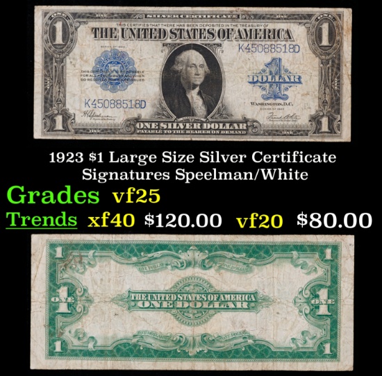 1923 $1 large size Silver Certificate Grades vf+ Signatures Speelman/White