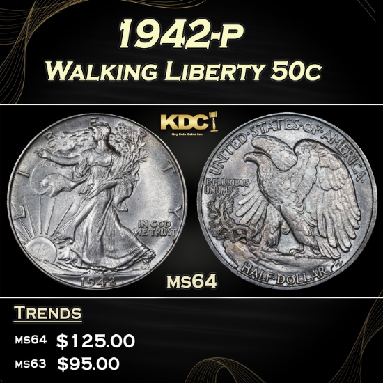 1942-p Walking Liberty Half Dollar 50c Grades ms64