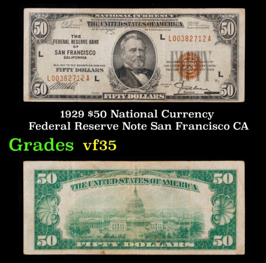 1929 $50 Green Seal Federal Reserve Note Grades vf++ Francisco