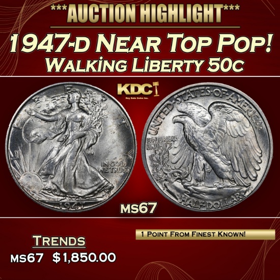 1947-d Walking Liberty Half Dollar Near Top Pop! 50c ms67 SEGS