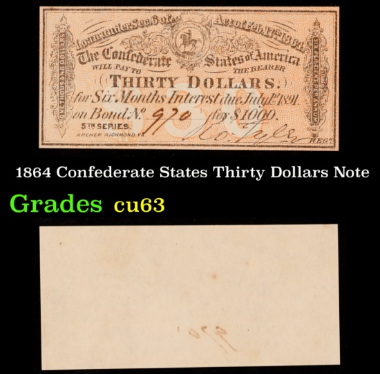 1864 Confederate States Thirty Dollars Note Grades Select CU