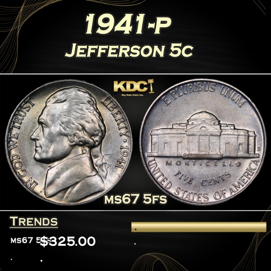1941-p Jefferson Nickel 5c ms67 5fs USCG