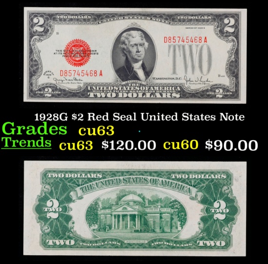 1928G $2 Red Seal United States Note Grades Select CU