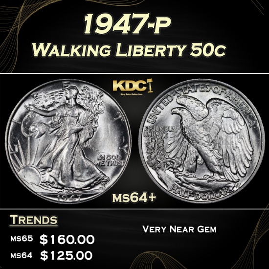 1947-p Walking Liberty Half Dollar 50c Grades ms64+