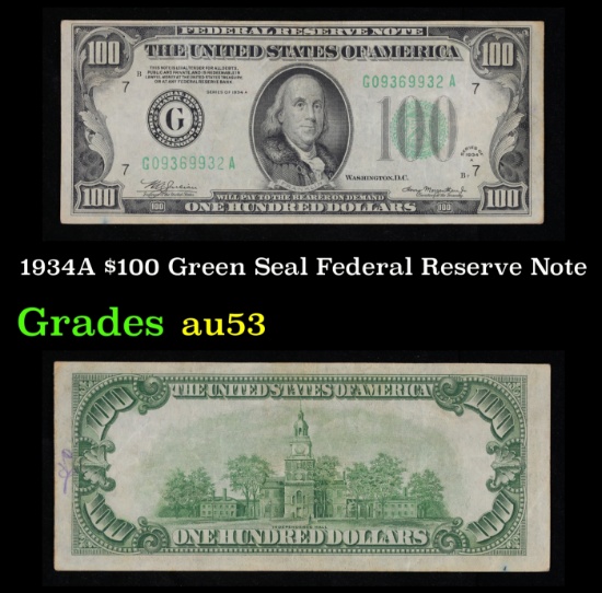 1934A $100 Green Seal Federal Reserve Note Grades Select AU
