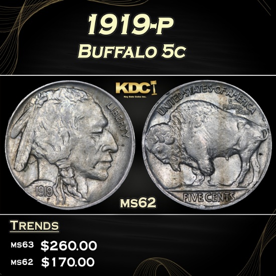 1919-p Buffalo Nickel 5c Grades ms62