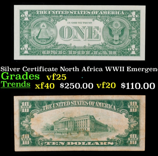 1934A $10 Silver Certificate North Africa WWII Emergency Currency Grades vf+