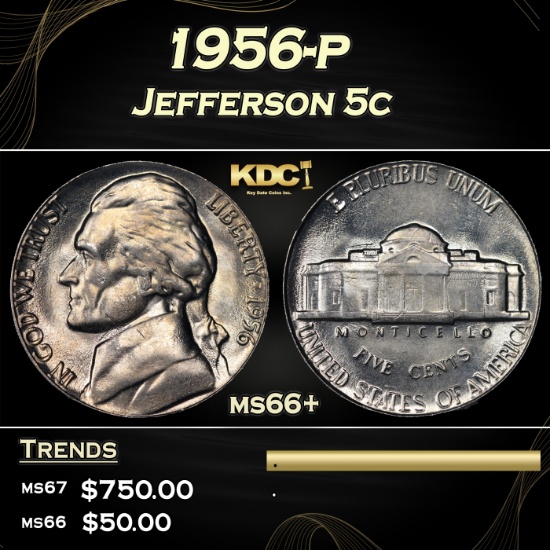 1956-p Jefferson Nickel 5c ms66+ SEGS