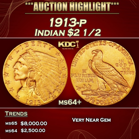 1913-p Gold Indian Quarter Eagle $2 1/2 ms64+ SEGS