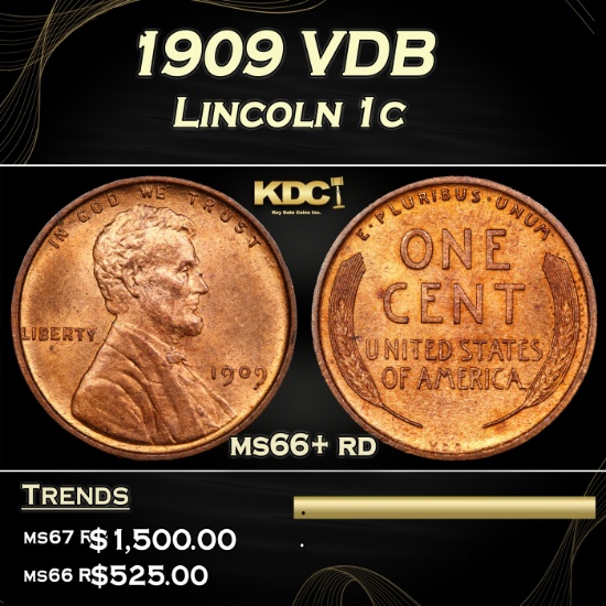 1909 VDB Lincoln Cent 1c ms66+ rd SEGS