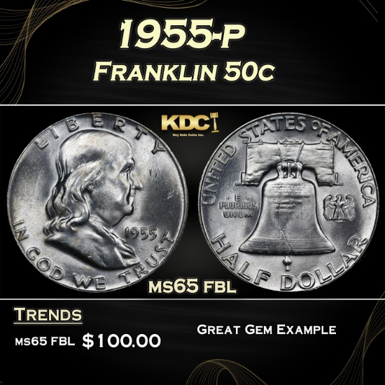 1955-p Franklin Half Dollar 50c Grades ms65 fbl