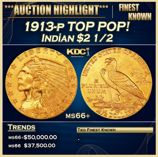 1913-p Gold Indian Quarter Eagle TOP POP! $2 1/2 ms66+ USCG