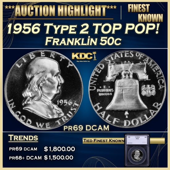 1956 Type 2 Proof Franklin Half Dollar TOP POP! 50c pr69 DCAM SEGS