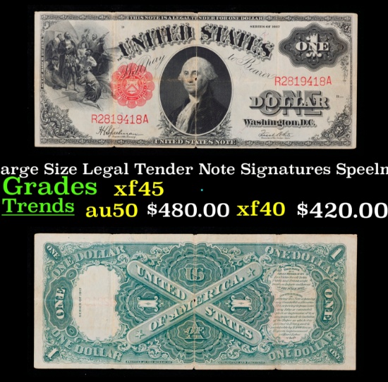 1917 $1 Large Size Legal Tender Note Grades xf+ Signatures Speelman/White