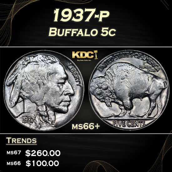 1937-p Buffalo Nickel 5c ms66+ SEGS