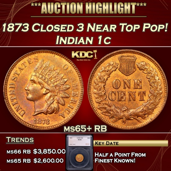 1873 Closed 3 Indian Cent Near Top Pop! 1c ms65+ RB SEGS