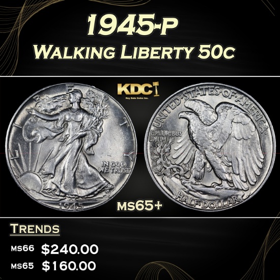 1945-p Walking Liberty Half Dollar 50c Grades ms65+
