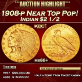1908-p Gold Indian Quarter Eagle Near Top Pop! $2 1/2 ms66+ USCG