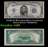 1934D $5 Blue Seal Silver Certificate Fancy Serial! #88888212 Grades Select CU