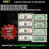 Complete Type Set of Small Sized $2 Notes 1928, 1953, & 1963 Red  Seals & 1976 Bicentennial Green Se