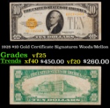 1928 $10 Gold Certificate Signatures Woods/Mellon Grades vf+