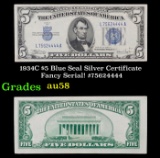 1934C $5 Blue Seal Silver Certificate Fancy Serial! #75624444 Grades Choice AU/BU Slider