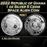 2022 Republic of Ghana 1 oz Silver 5 Cedis Space Alien Coin Round