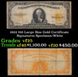 1922 $10 Large Size Gold Certificate Grades vf+ Signatures Speelman/White