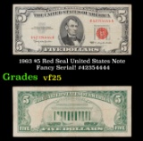 1963 $5 Red Seal United States Note Fancy Serial! #42354444 Grades vf+