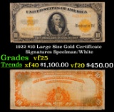 1922 $10 Large Size Gold Certificate Grades vf+ Signatures Speelman/White