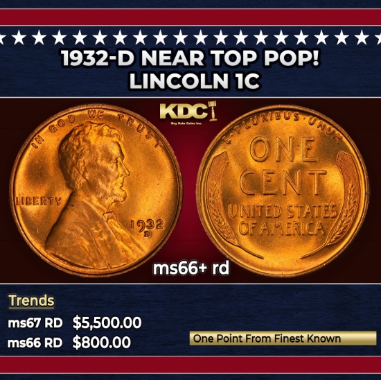 1932-d Lincoln Cent Near Top Pop! 1c ms66+ rd SEGS