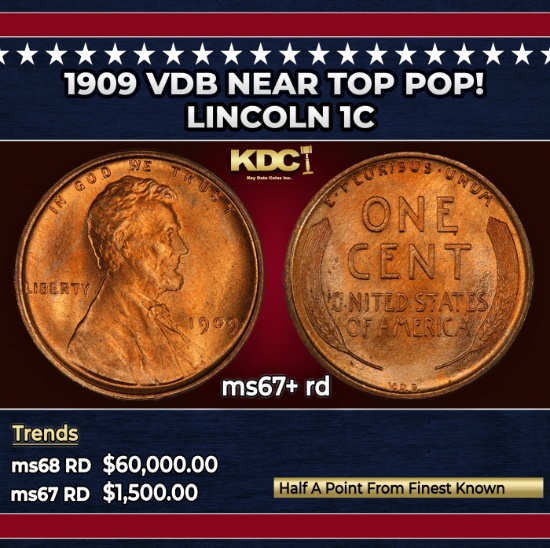 1909 VDB Lincoln Cent Near Top Pop! 1c ms67+ rd SEGS