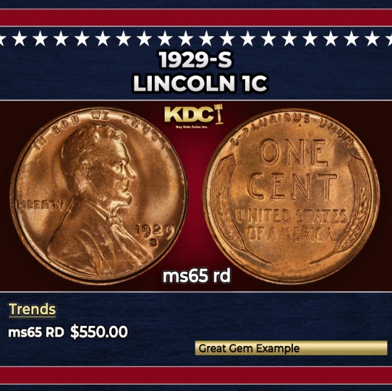 1929-s Lincoln Cent 1c Grades ms65 rd