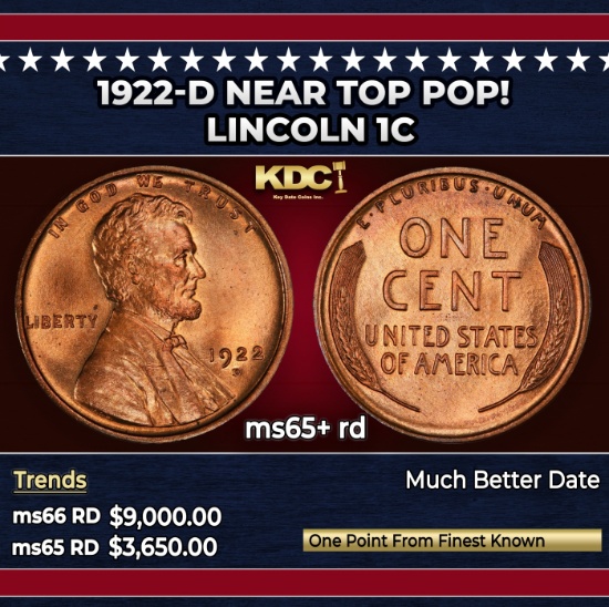 1922-d Lincoln Cent Near Top Pop! 1c ms65+ rd SEGS