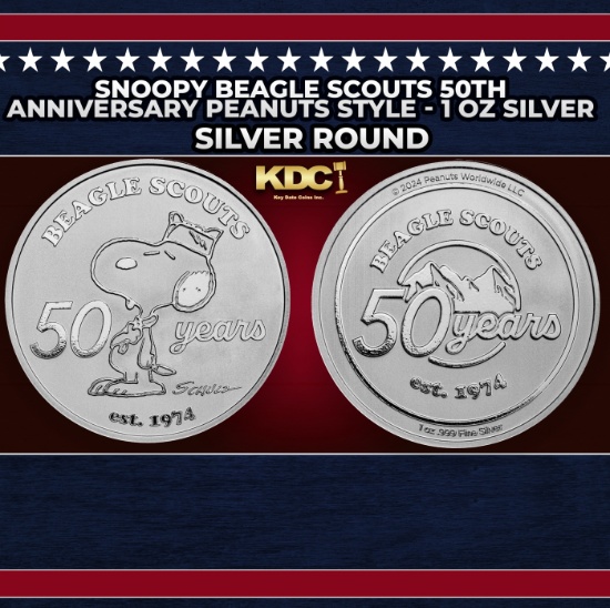 Snoopy Beagle Scouts 50th Anniversary Peanuts Style - 1 oz Silver Round Round