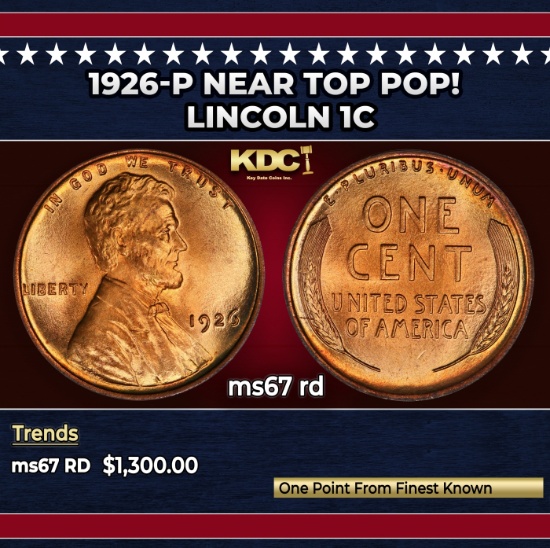 1926-p Lincoln Cent Near Top Pop! 1c ms67 rd SEGS