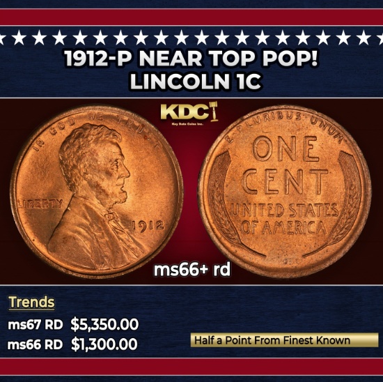 1912-p Lincoln Cent Near Top Pop! 1c ms66+ rd SEGS