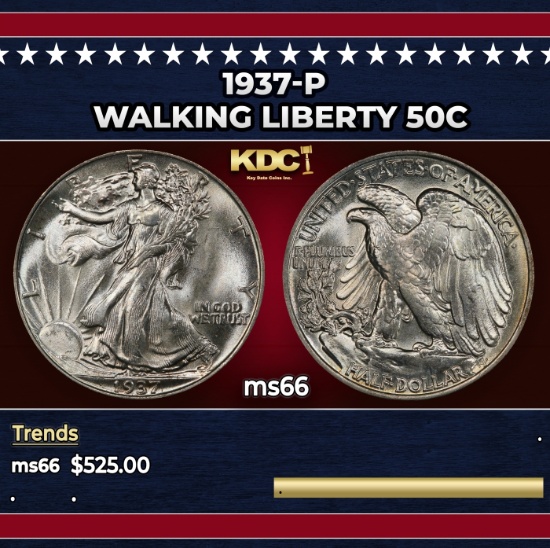 1937-p Walking Liberty Half Dollar 50c Grades ms66