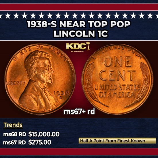 1938-s Lincoln Cent Near Top Pop 1c ms67+ rd SEGS