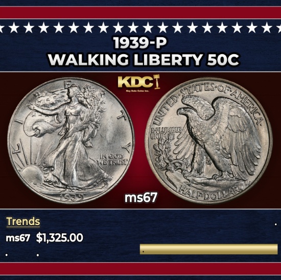 1939-p Walking Liberty Half Dollar 50c ms67 SEGS