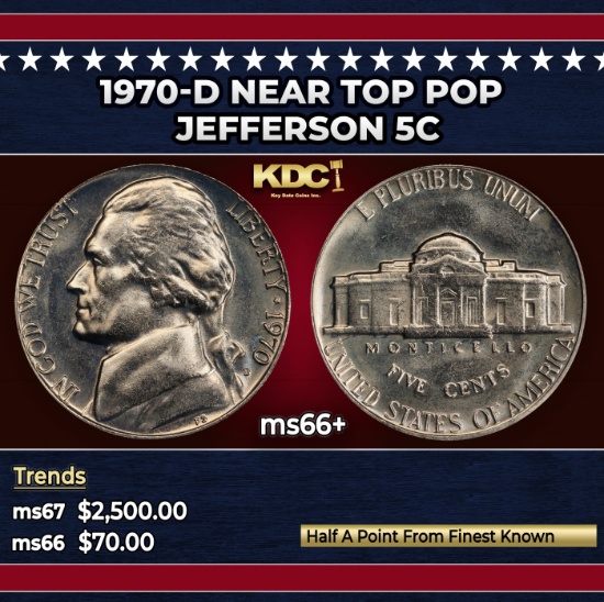 1970-d Jefferson Nickel Near Top Pop 5c ms66+ SEGS