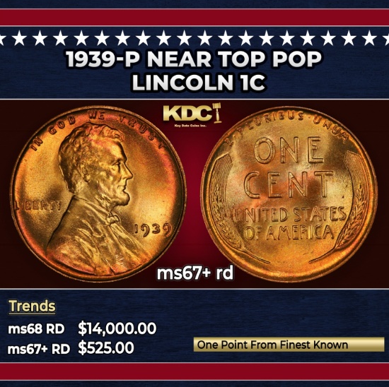 1939-p Lincoln Cent Near Top Pop 1c ms67+ rd SEGS