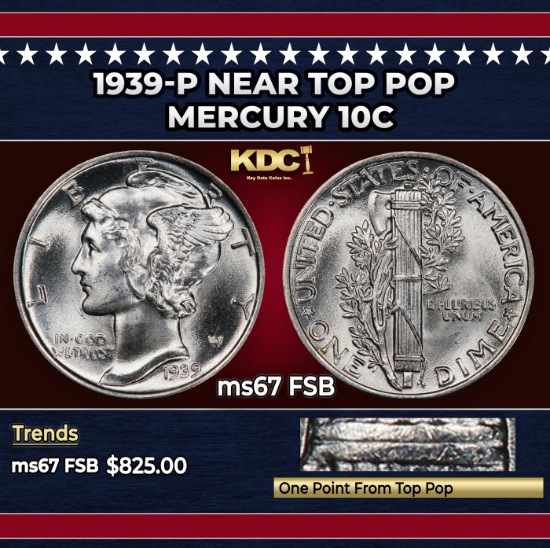 1939-p Mercury Dime Near Top Pop 10c ms67 FSB SEGS