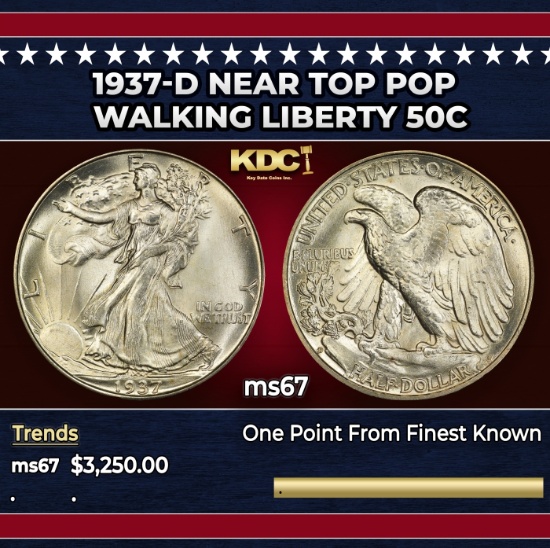 1937-d Walking Liberty Half Dollar Near Top Pop 50c ms67 SEGS