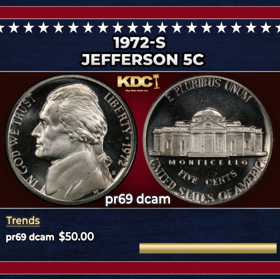 1972-s Proof Jefferson Nickel 5c pr69 dcam SEGS
